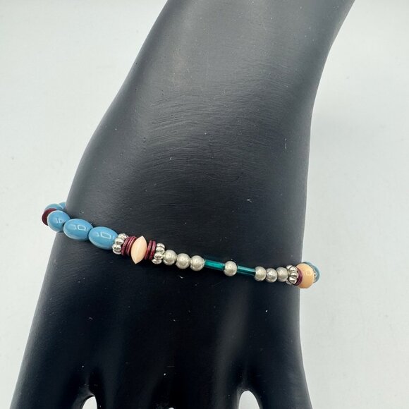 Beaded Bracelet With Blue & Multicolor Accent Beads Stretch Fit Handmade Jewelry - Picture 2 of 4